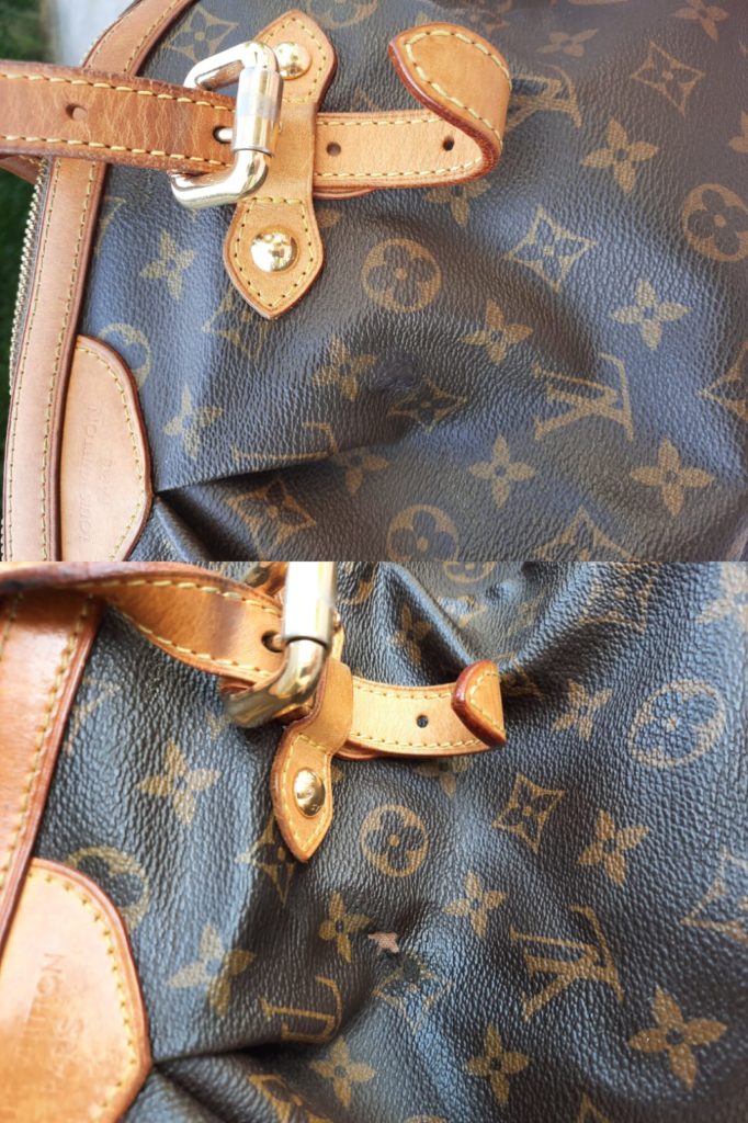 Foto del prima e dopo la riparazione di una borsa Louis Vuitton